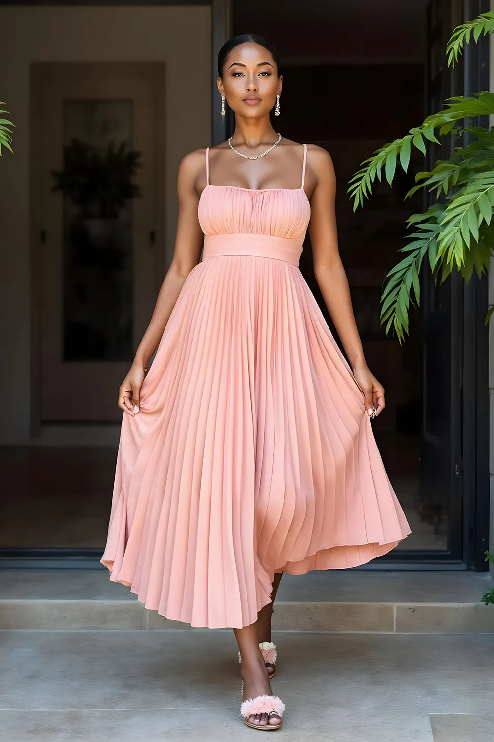 Sunset Pleated A Line Spaghetti Straps Bridesmaid Dress sold by Zapaka