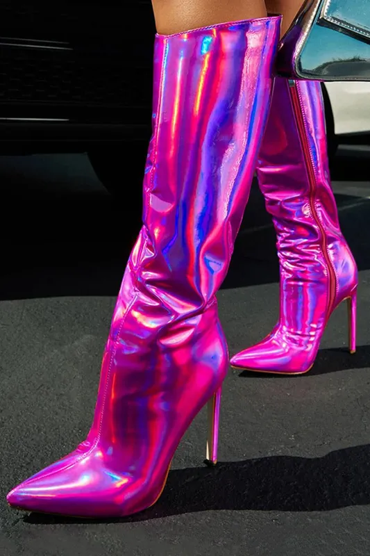 Sparkly Hot Pink Pointed Toe Stiletto High Heel Knee High Boots sold by Zapaka