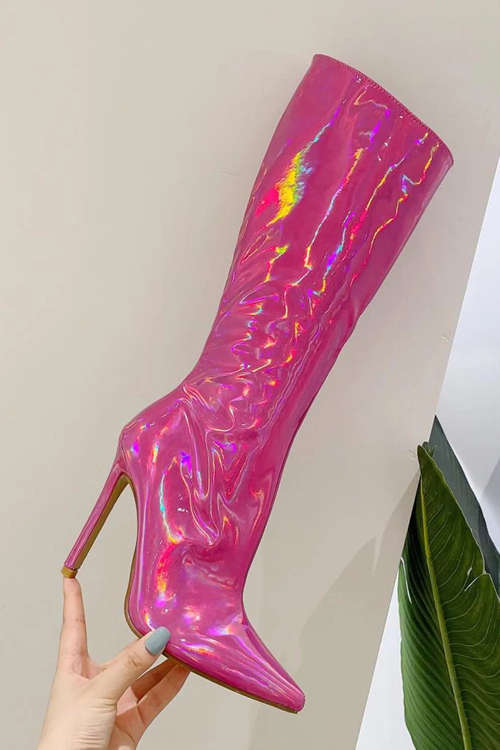 Sparkly Hot Pink Pointed Toe Stiletto High Heel Knee High Boots sold by Zapaka product image thumbnail 2