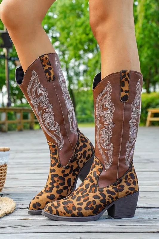 Brown Leopard Chunky Heel Wide Calf Embroidered Cowgirl Boots sold by Zapaka