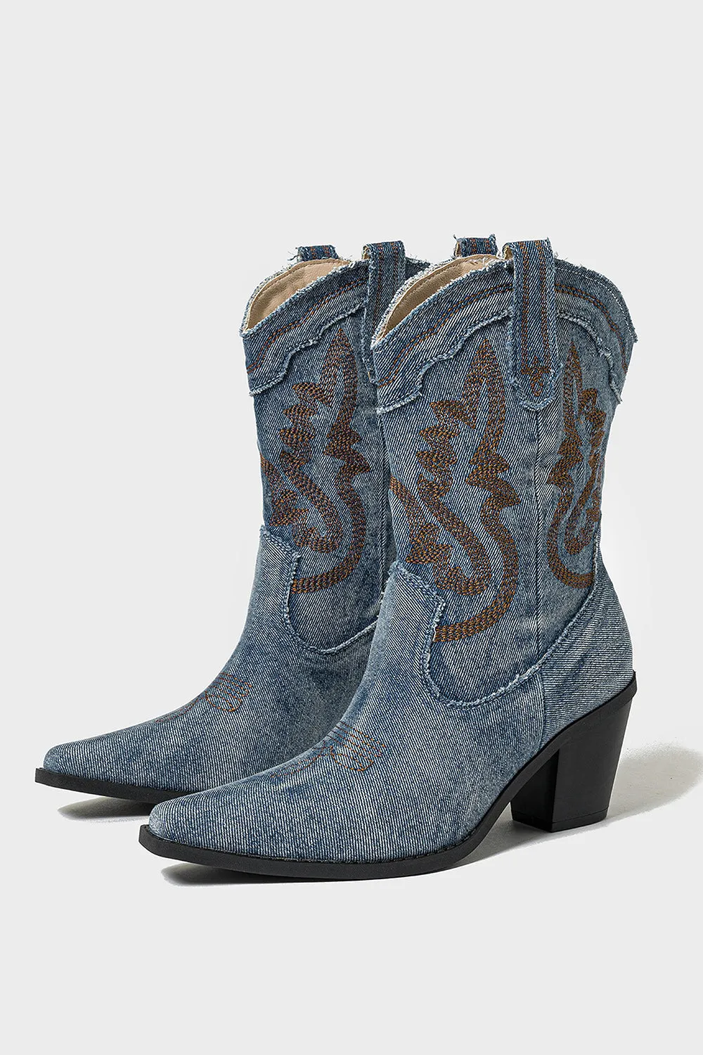 Dark Blue Wide Calf Pointed Toe Chunky Heel Embroidered Cowgirl Boots sold by Zapaka product image thumbnail 4
