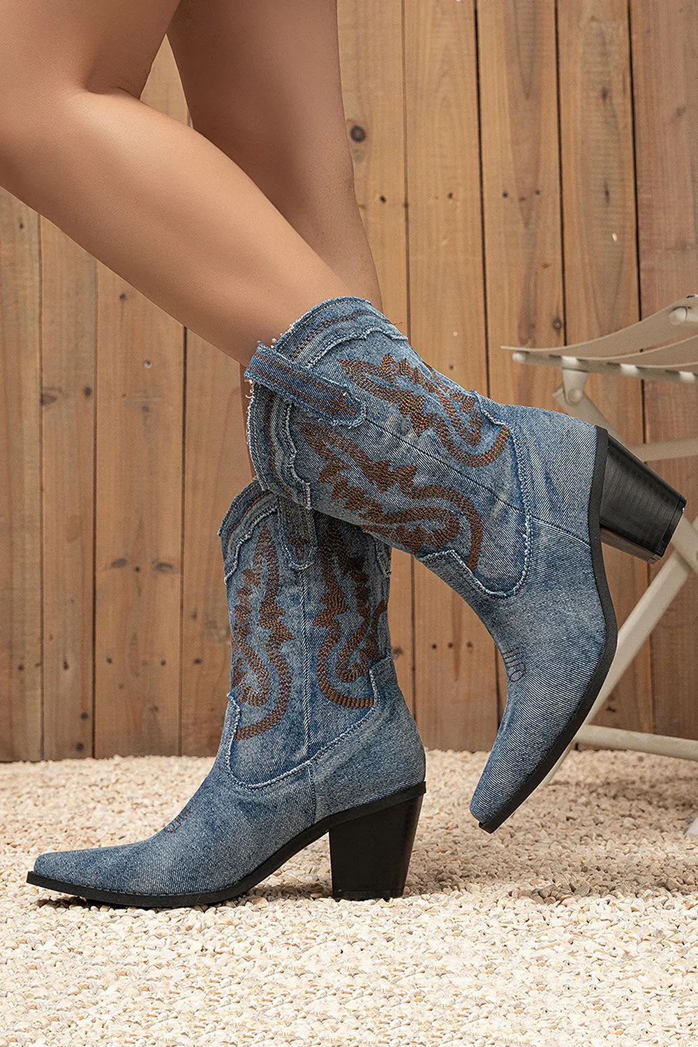 Dark Blue Wide Calf Pointed Toe Chunky Heel Embroidered Cowgirl Boots sold by Zapaka
