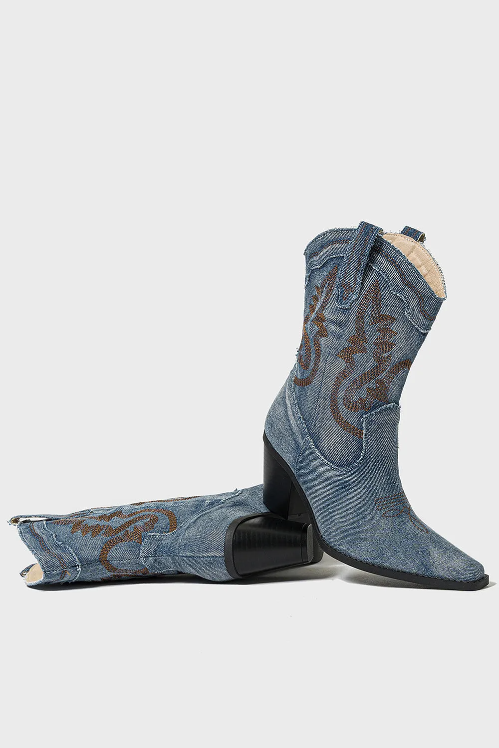 Dark Blue Wide Calf Pointed Toe Chunky Heel Embroidered Cowgirl Boots sold by Zapaka product image thumbnail 5