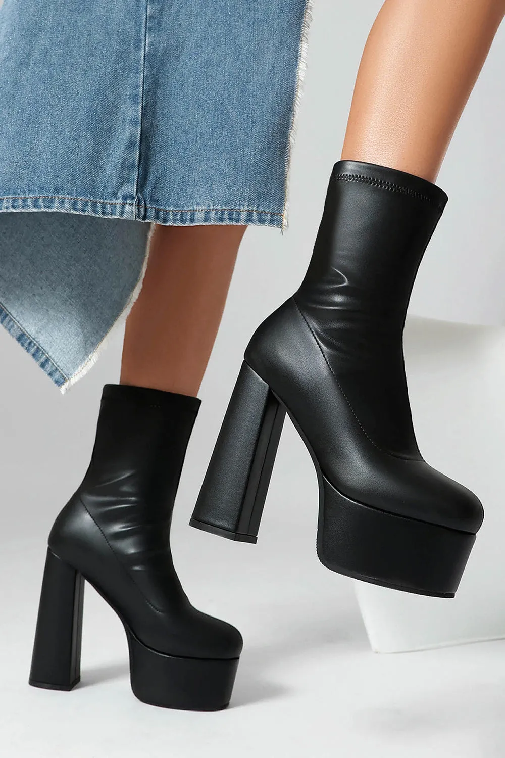 Black Round Toe Platform Chunky Heel Ankle Boots sold by Zapaka product image thumbnail 2