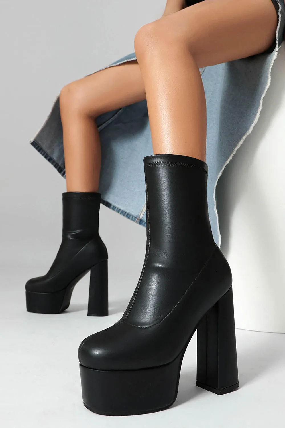 Black Round Toe Platform Chunky Heel Ankle Boots sold by Zapaka product image thumbnail 3