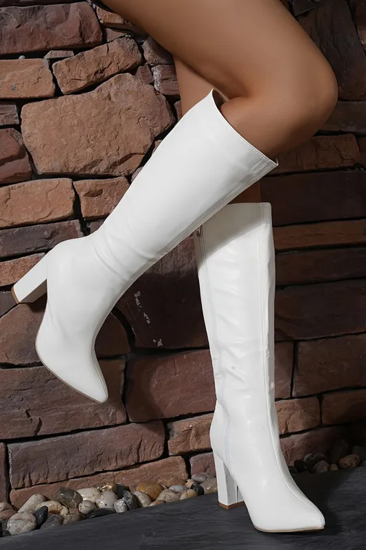 White Wide Calf Pointed Toe Knee High Chunky Heel Boots sold by Zapaka