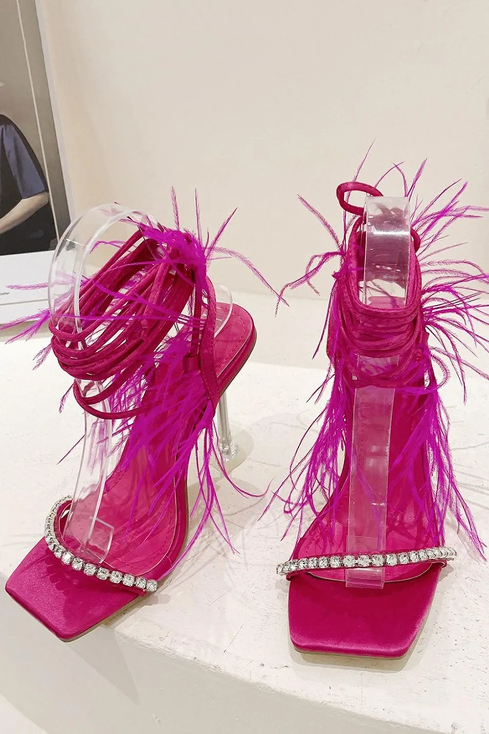 Sparkly Fuchsia Strappy Stiletto Heel Sandals with Feather sold by Zapaka product image thumbnail 2