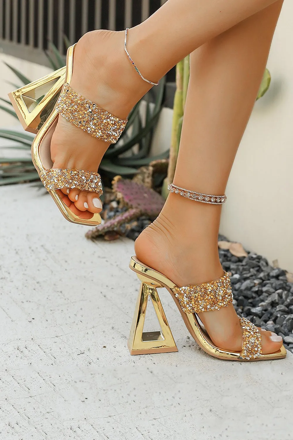 Sparkly Golden Sequin Open Toe Strappy Block Heel Sandals sold by Zapaka product image thumbnail 3