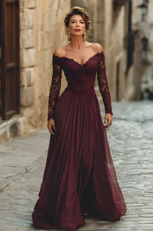 A Line Cabernet Off the Shoulder Maxi Mother of the Bride Dress with Lace sold by Zapaka