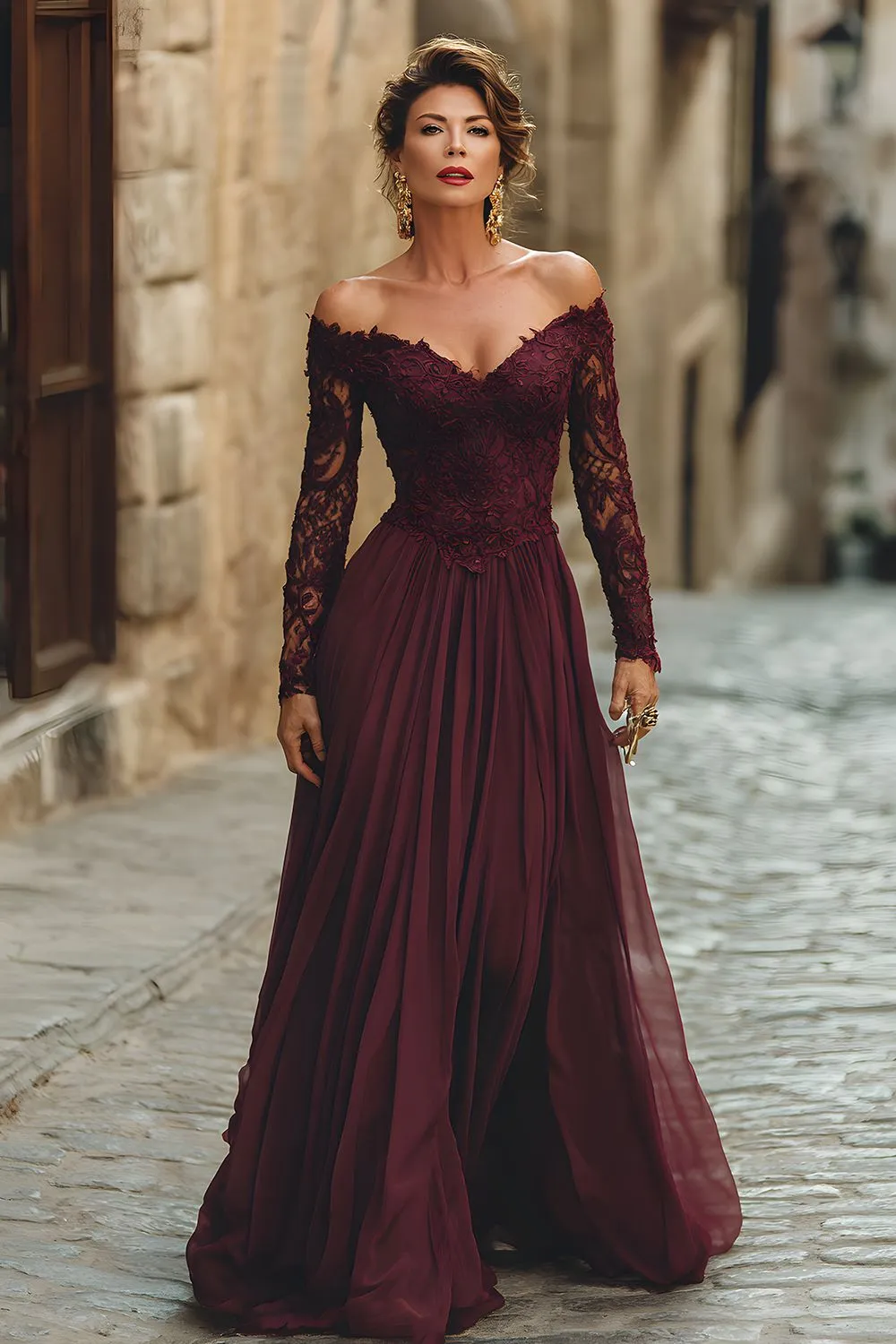 A Line Cabernet Off the Shoulder Maxi Mother of the Bride Dress with Lace sold by Zapaka