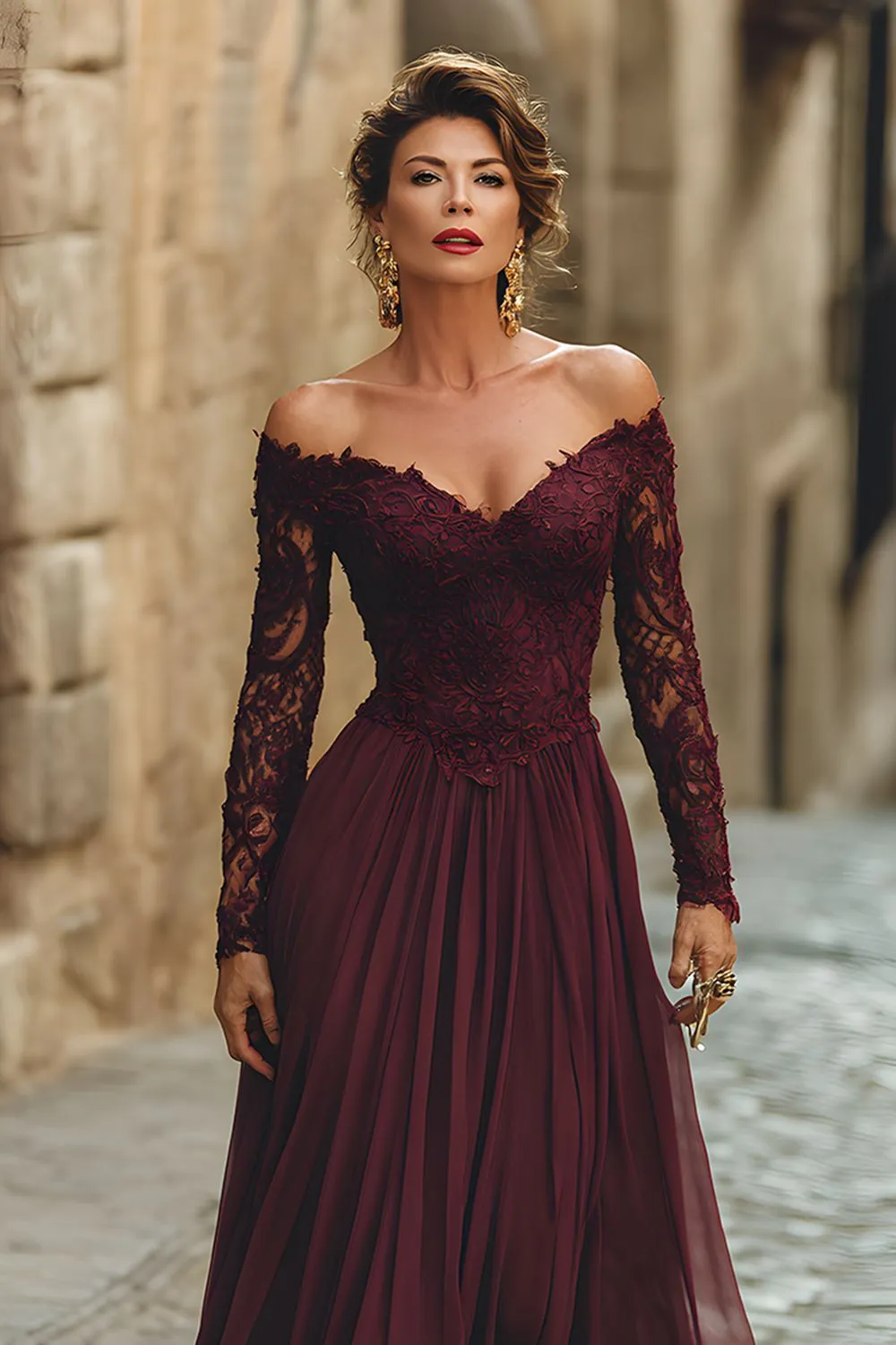 A Line Cabernet Off the Shoulder Maxi Mother of the Bride Dress with Lace sold by Zapaka product image thumbnail 2