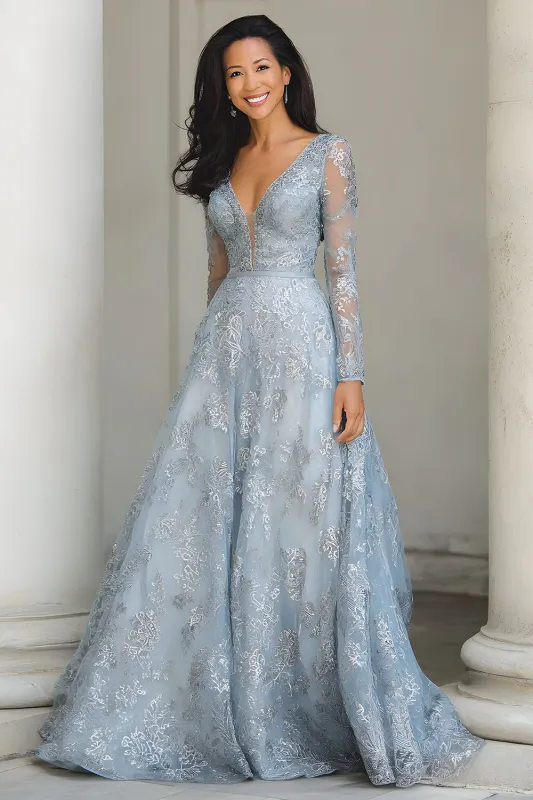 Silver A Line V-Neck Long Mother of the Bride Dress with Appliques sold by Zapaka
