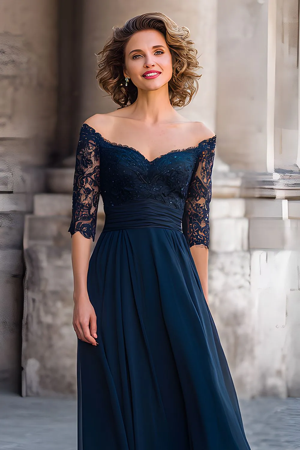 Navy A Line Long Off the Shoulder Mother of the Bride Dress with Lace sold by Zapaka product image thumbnail 2