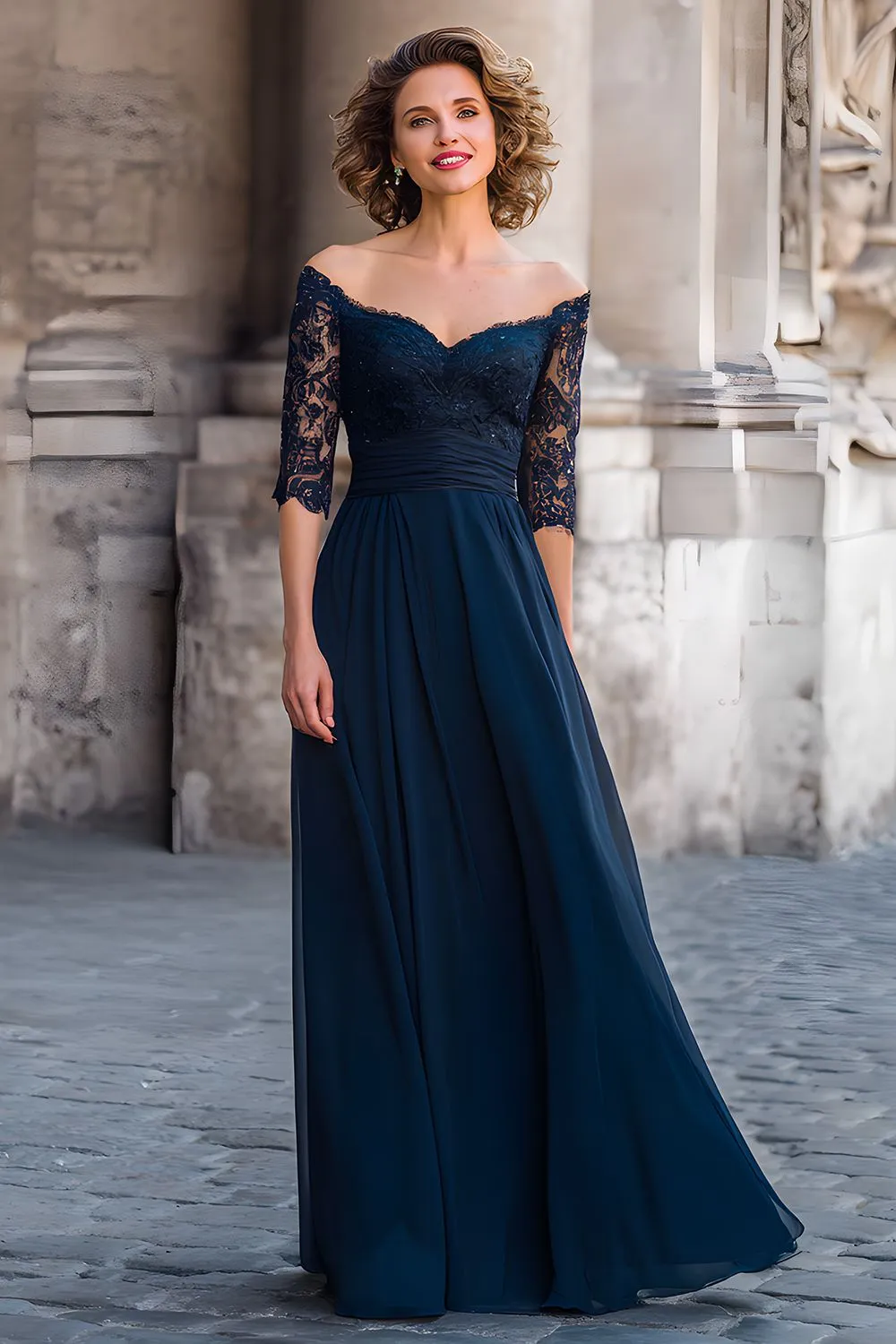 Navy A Line Long Off the Shoulder Mother of the Bride Dress with Lace sold by Zapaka