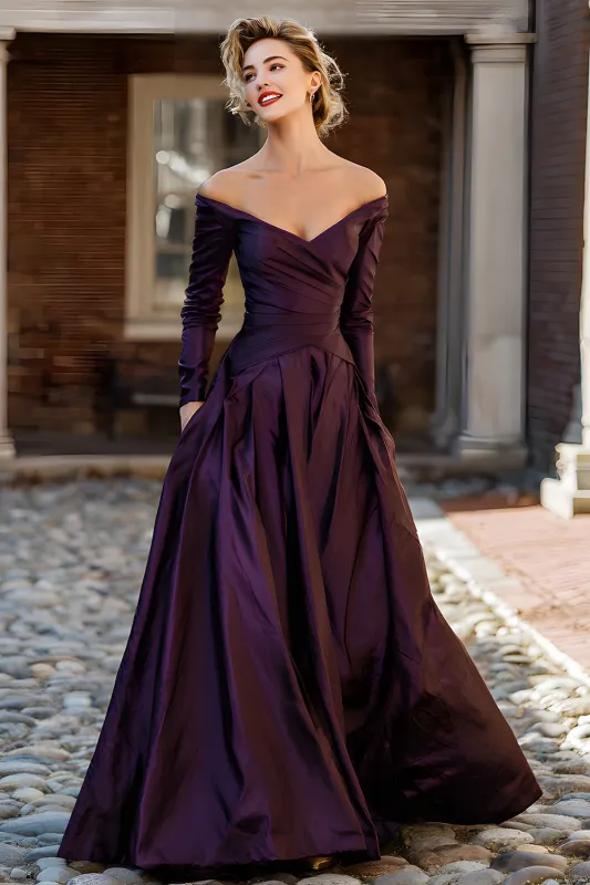 Plum Off the Shoulder Taffeta A Line Long Sleeve Mother of the Bride Dress sold by Zapaka