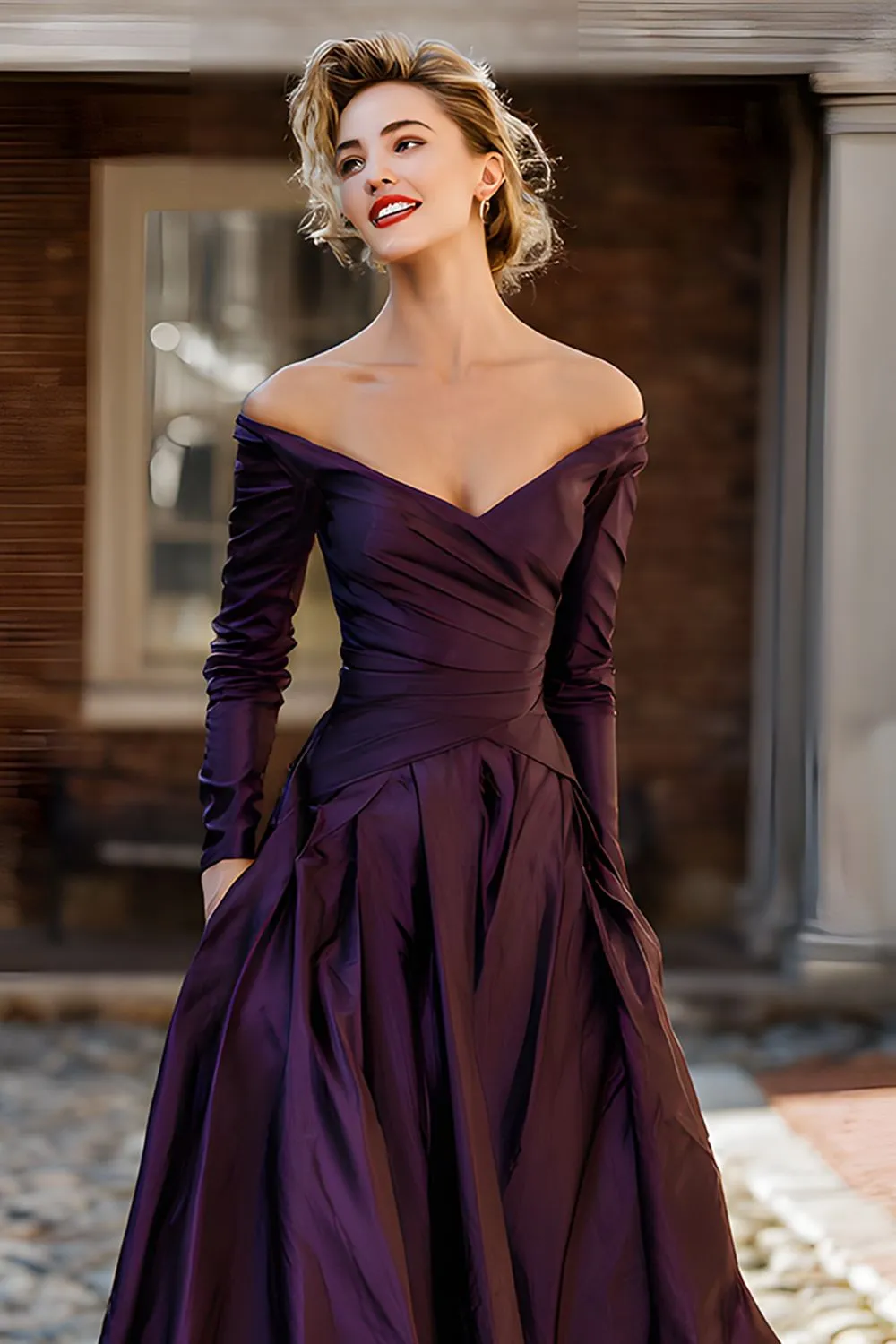 Plum Off the Shoulder Taffeta A Line Long Sleeve Mother of the Bride Dress sold by Zapaka product image thumbnail 2