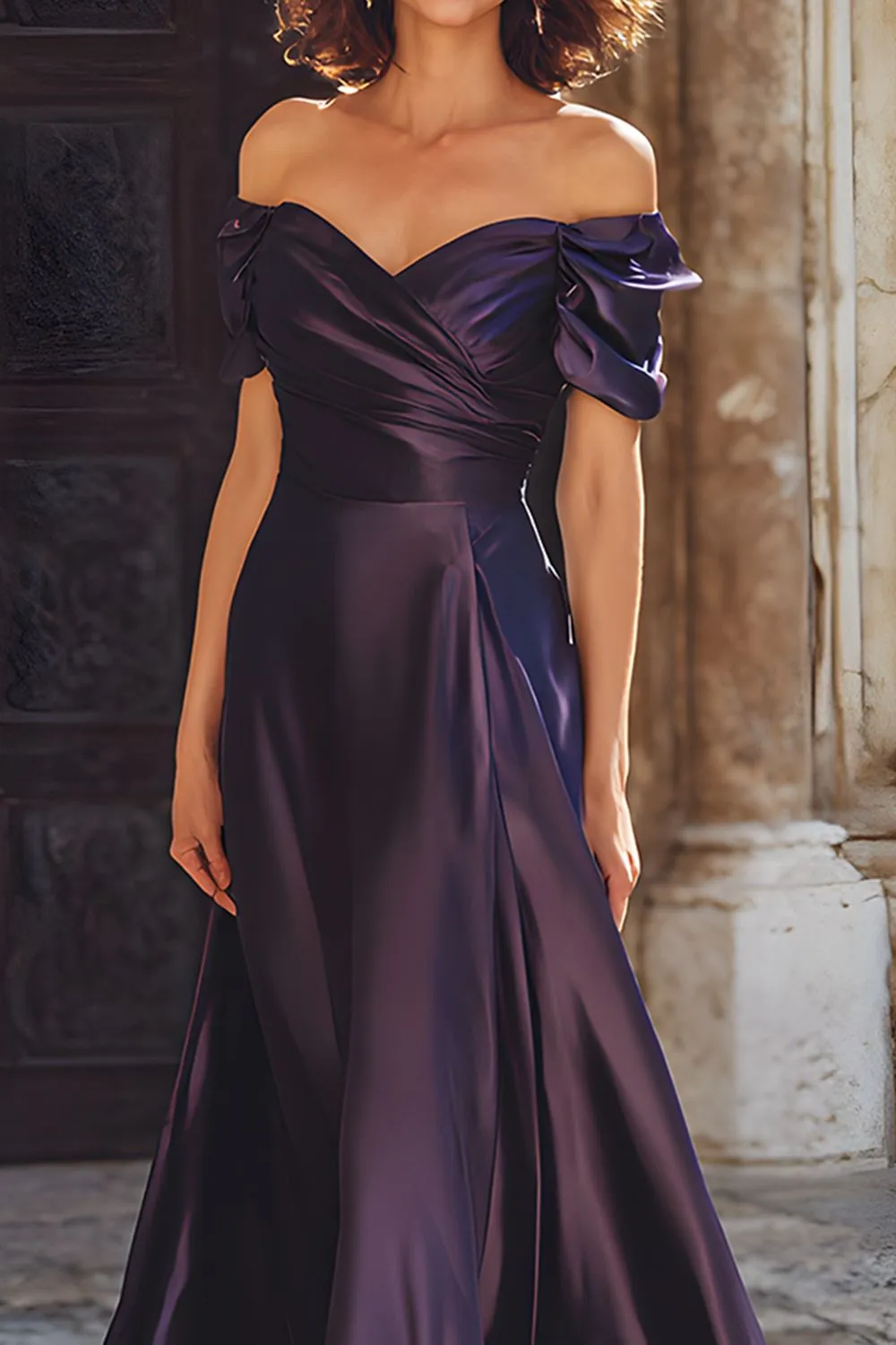 Plum Sheath Satin Off the Shoulder Long Mother of the Bride Dress sold by Zapaka product image thumbnail 2