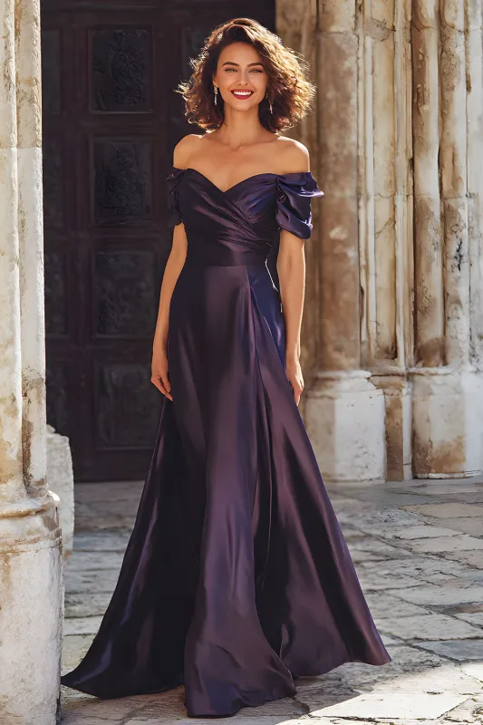 Plum Sheath Satin Off the Shoulder Long Mother of the Bride Dress sold by Zapaka