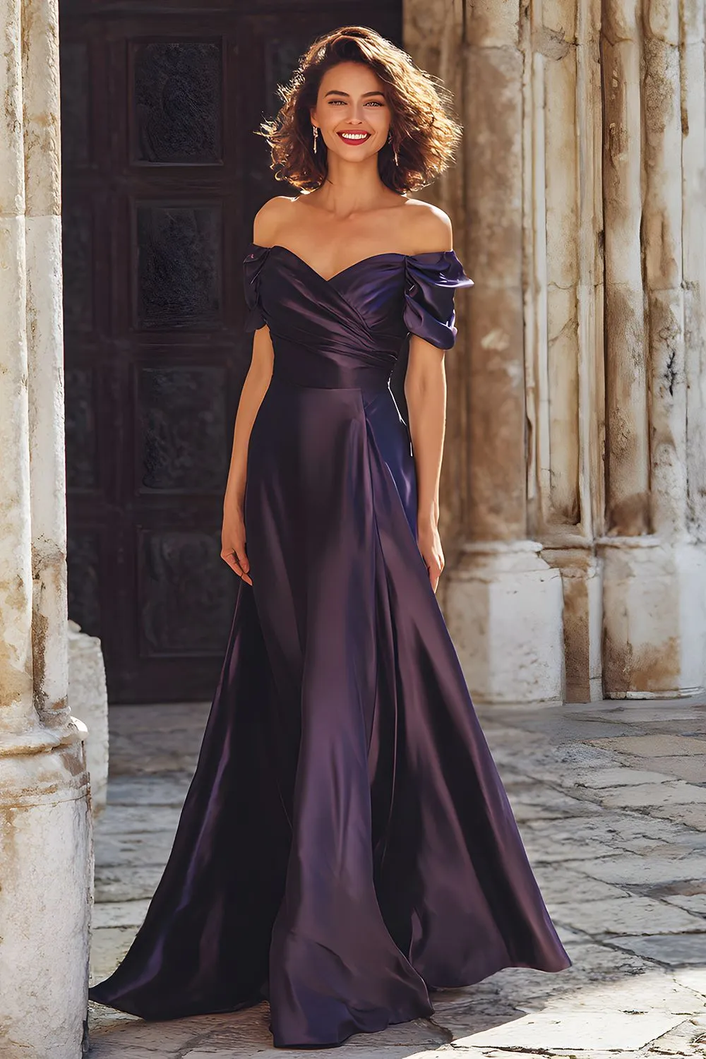 Plum Sheath Satin Off the Shoulder Long Mother of the Bride Dress sold by Zapaka