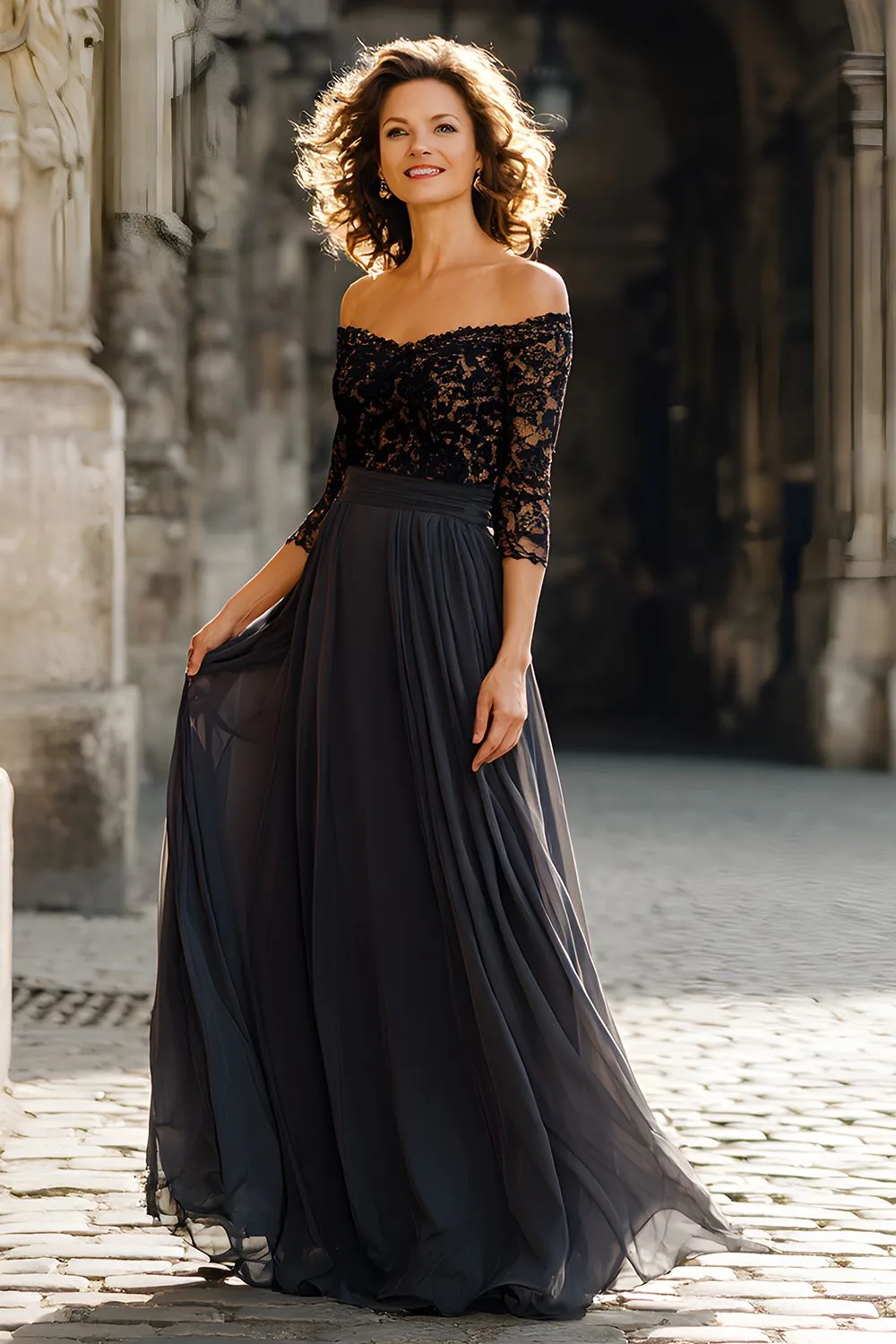 Black Off the Shoulder Chiffon Long Mother of the Bride Dress with Lace sold by Zapaka product image thumbnail 2
