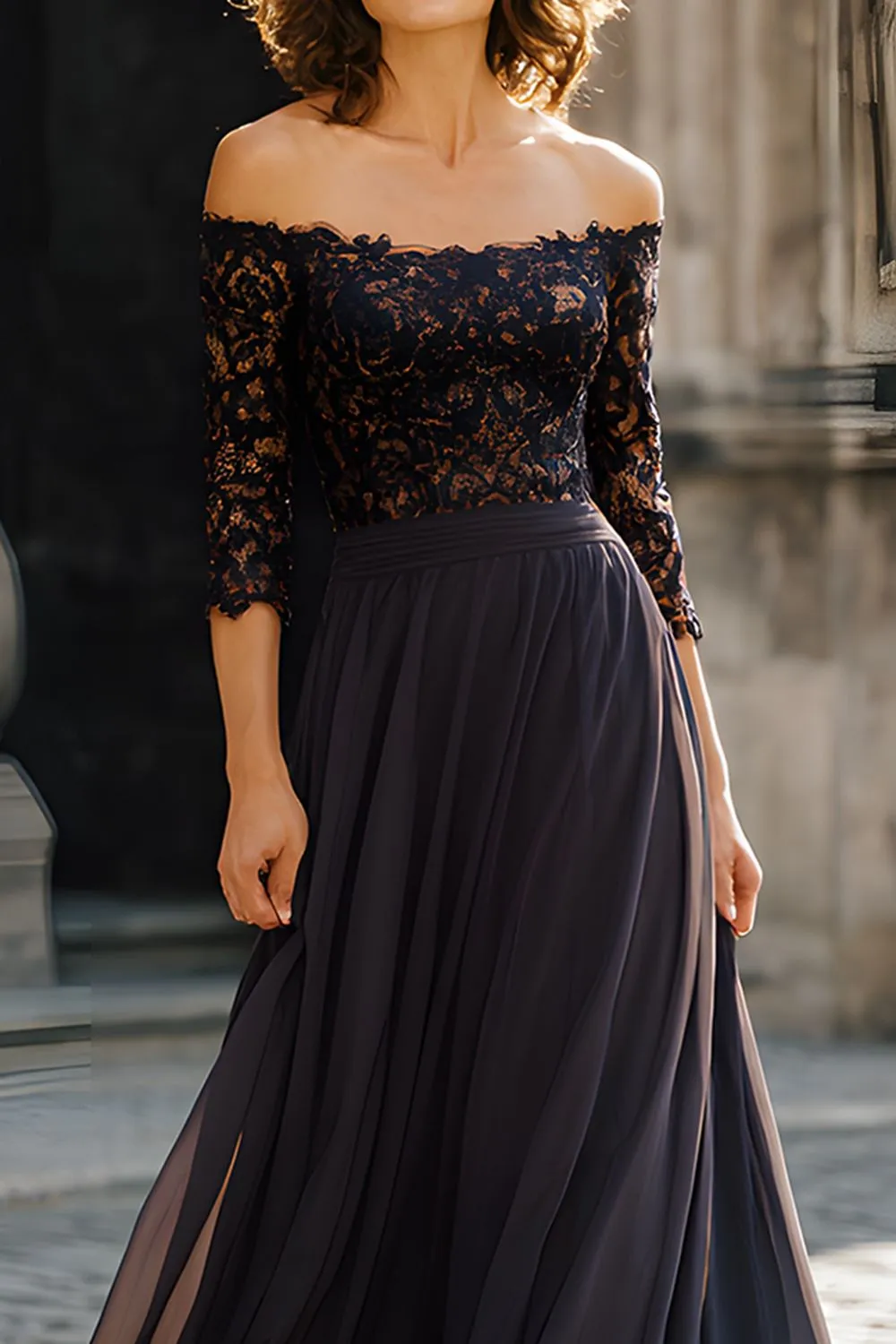 Black Off the Shoulder Chiffon Long Mother of the Bride Dress with Lace sold by Zapaka product image thumbnail 3