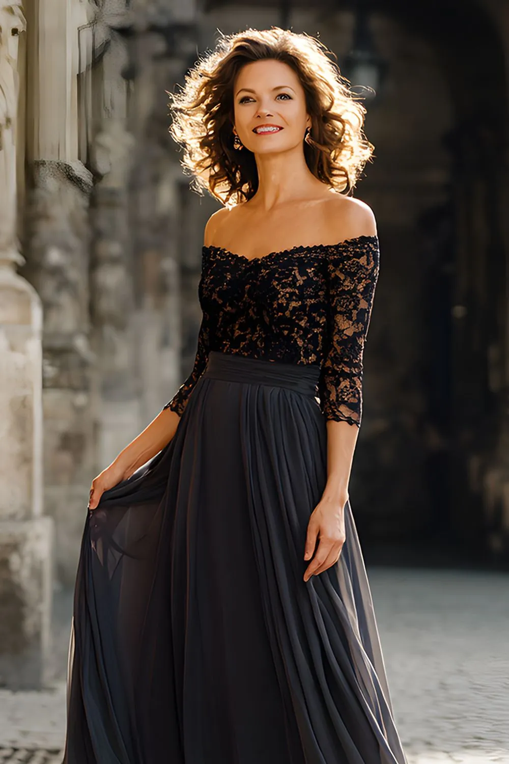 Black Off the Shoulder Chiffon Long Mother of the Bride Dress with Lace sold by Zapaka product image thumbnail 4