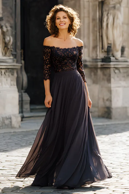 Black Off the Shoulder Chiffon Long Mother of the Bride Dress with Lace sold by Zapaka