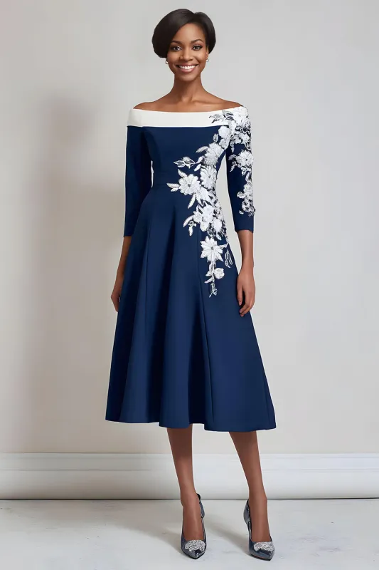 Floral Navy A Line Satin Midi Mother of the Bride Dress with Appliques sold by Zapaka