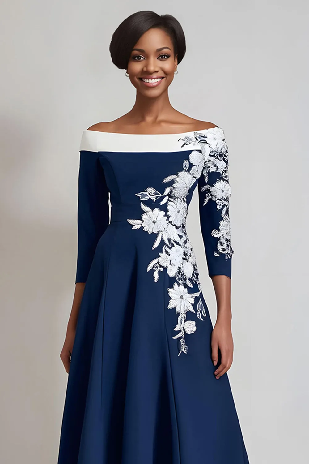 Floral Navy A Line Satin Midi Mother of the Bride Dress with Appliques sold by Zapaka product image thumbnail 2