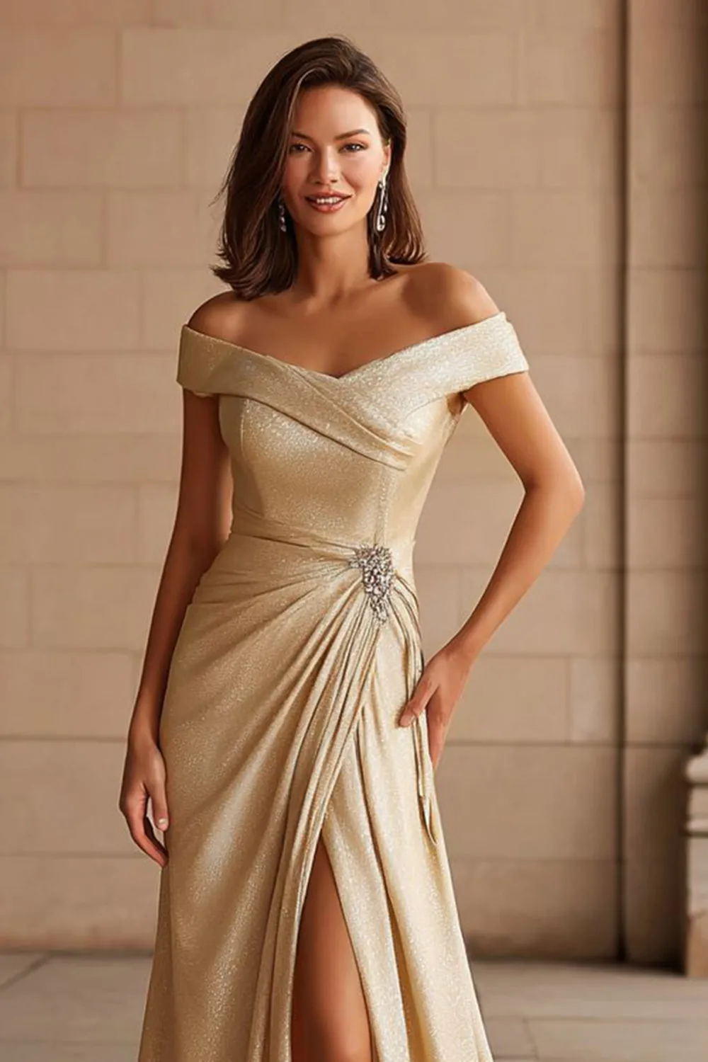 Champagne Metallic Off the Shoulder Long Mother of the Bride Dress with Slit sold by Zapaka product image thumbnail 2