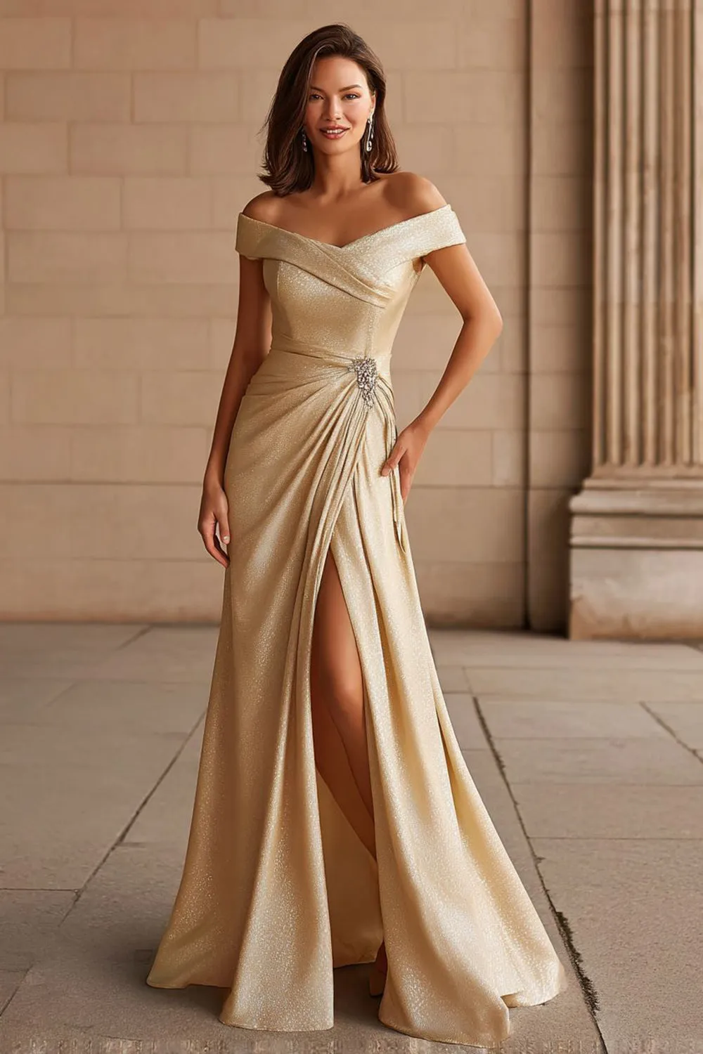 Champagne Metallic Off the Shoulder Long Mother of the Bride Dress with Slit sold by Zapaka