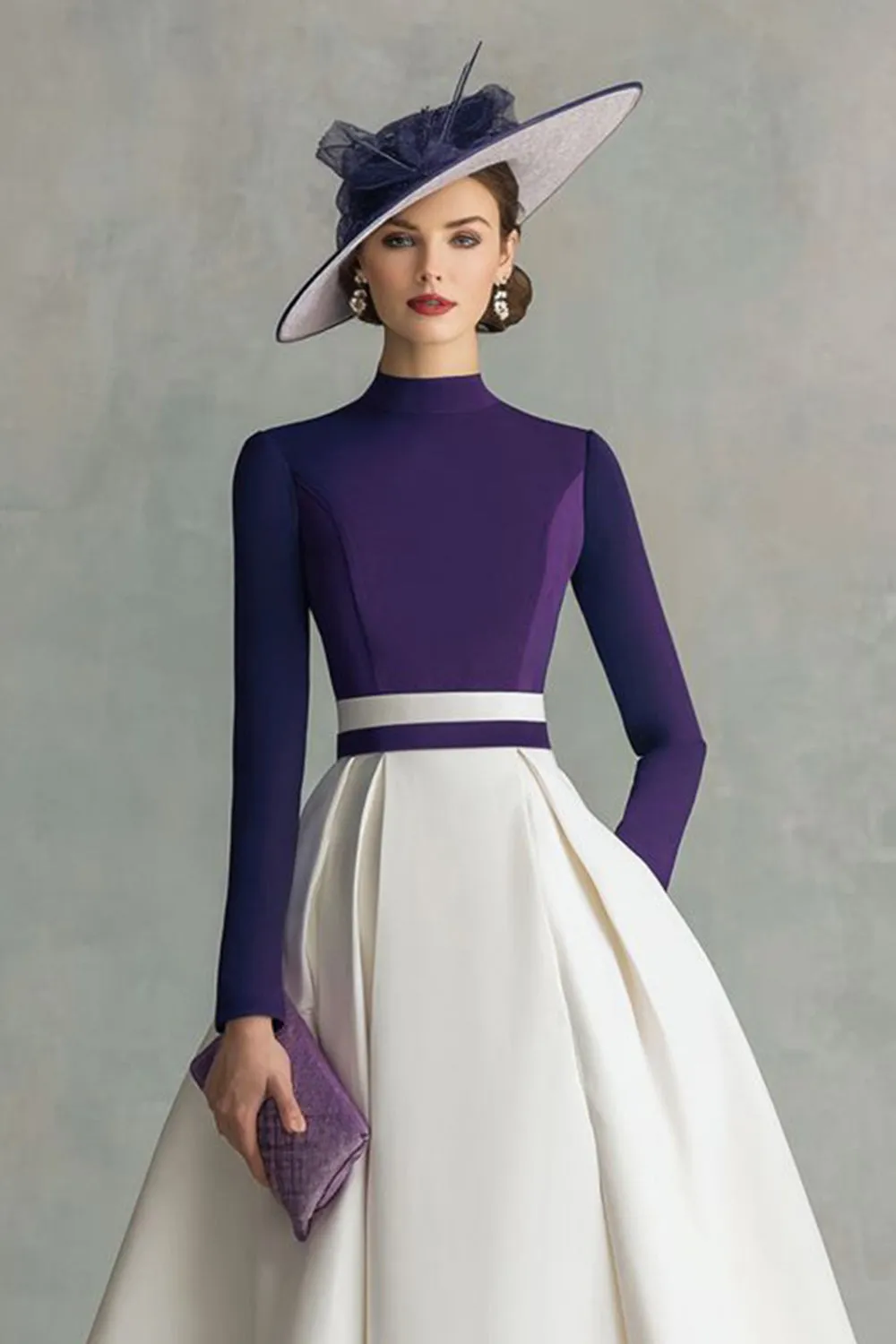 Plum Satin A Line High Neck Midi Mother of the Bride Dress with Sleeves sold by Zapaka product image thumbnail 3