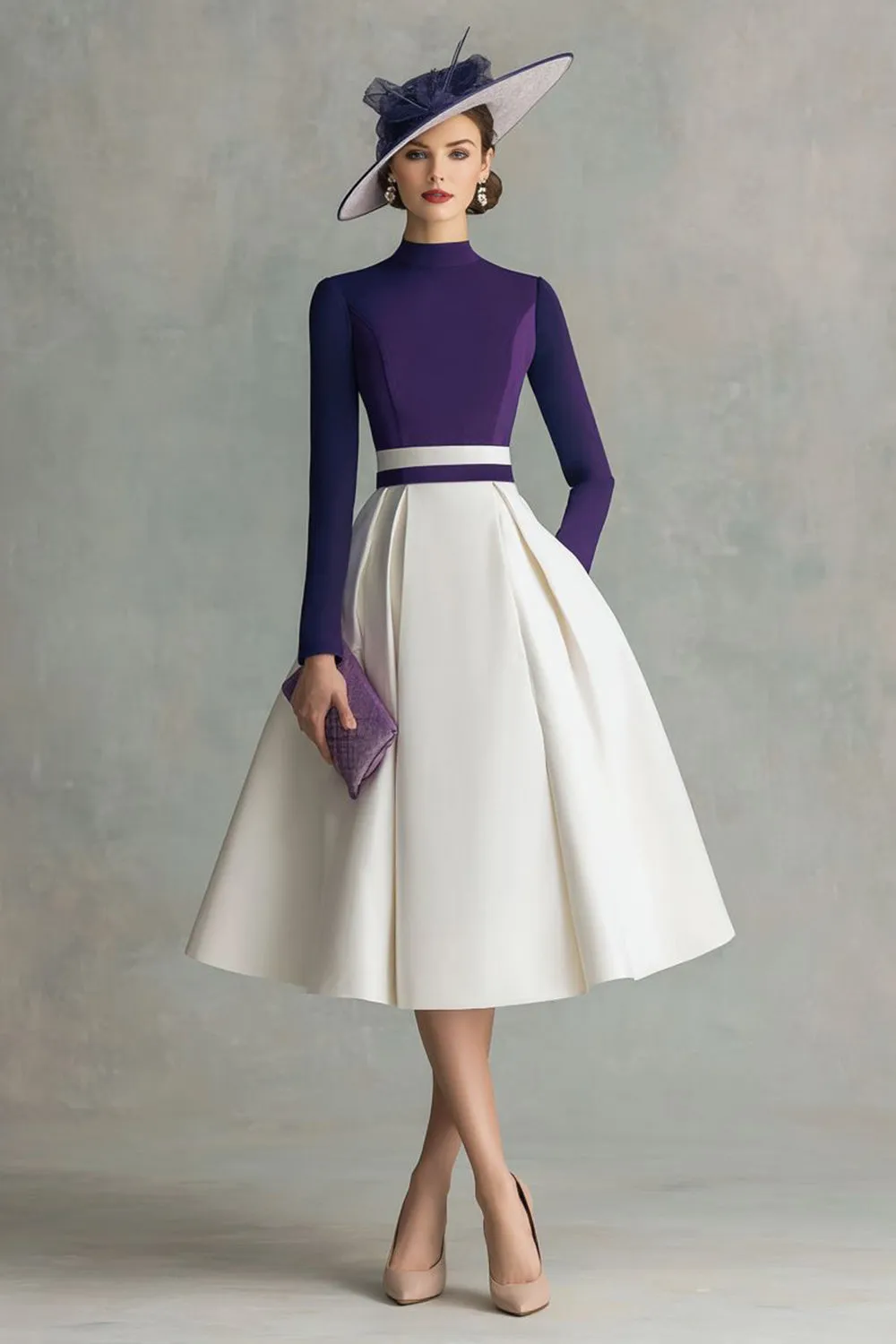 Plum Satin A Line High Neck Midi Mother of the Bride Dress with Sleeves sold by Zapaka