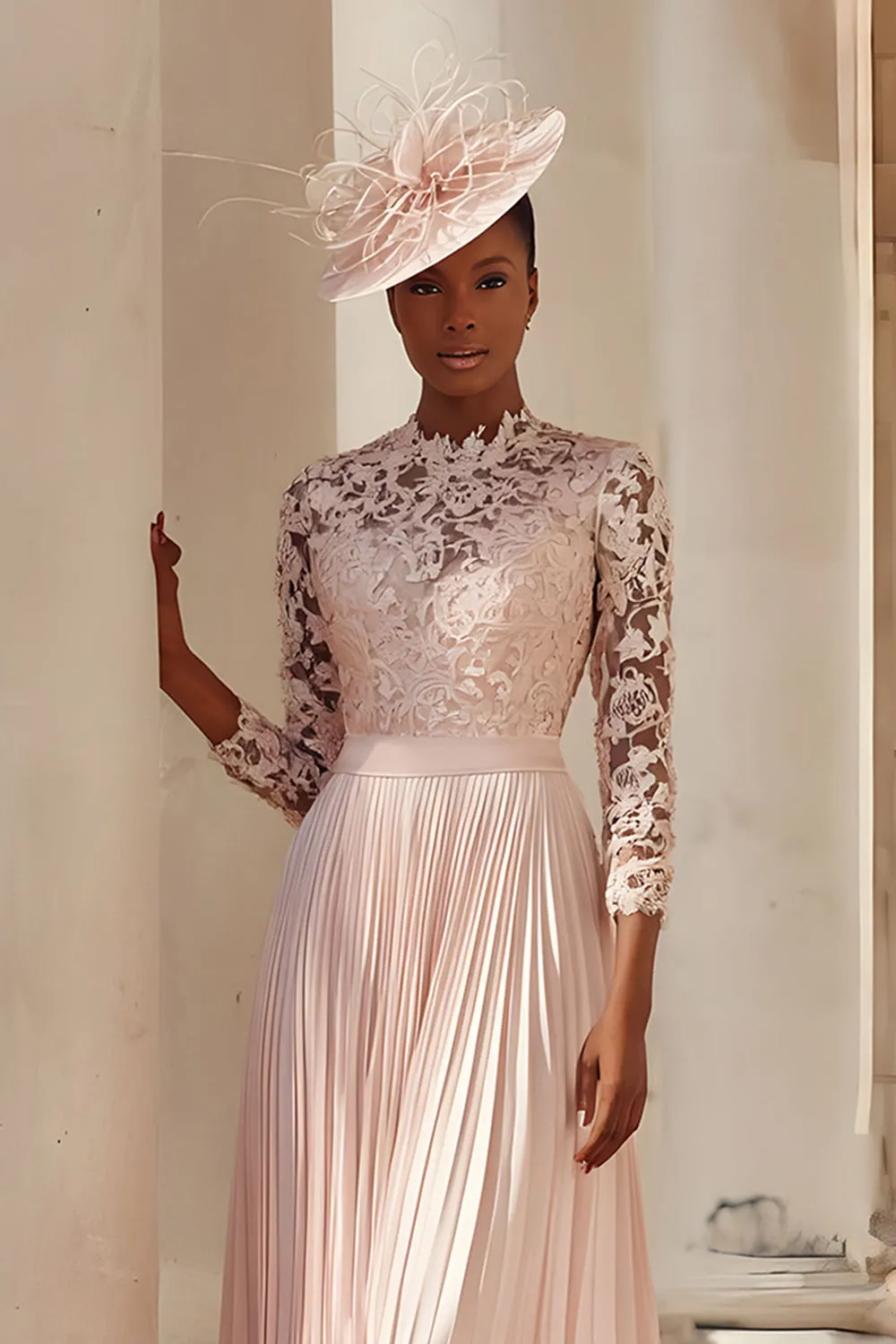 Blush Pink Chiffon A Line Pleated Midi Mother of the Bride Dress with Lace sold by Zapaka product image thumbnail 2