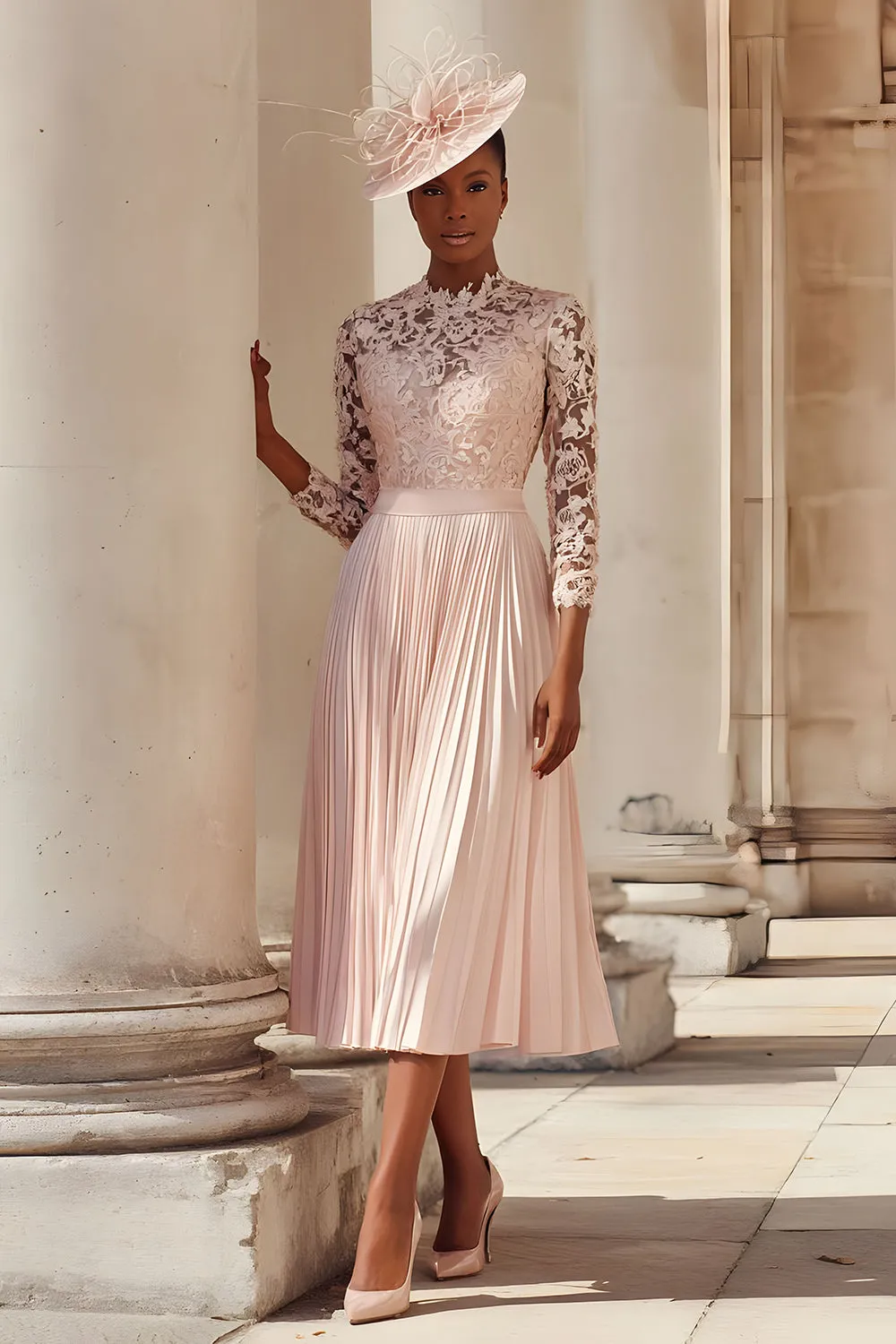 Blush Pink Chiffon A Line Pleated Midi Mother of the Bride Dress with Lace sold by Zapaka