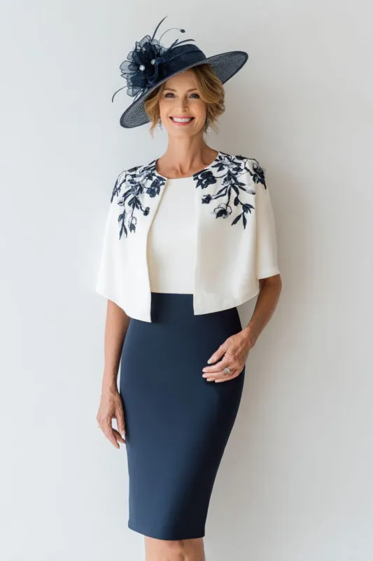 2 Piece Floral Navy Satin Bodycon Short Mother of the Bride Dress sold by Zapaka