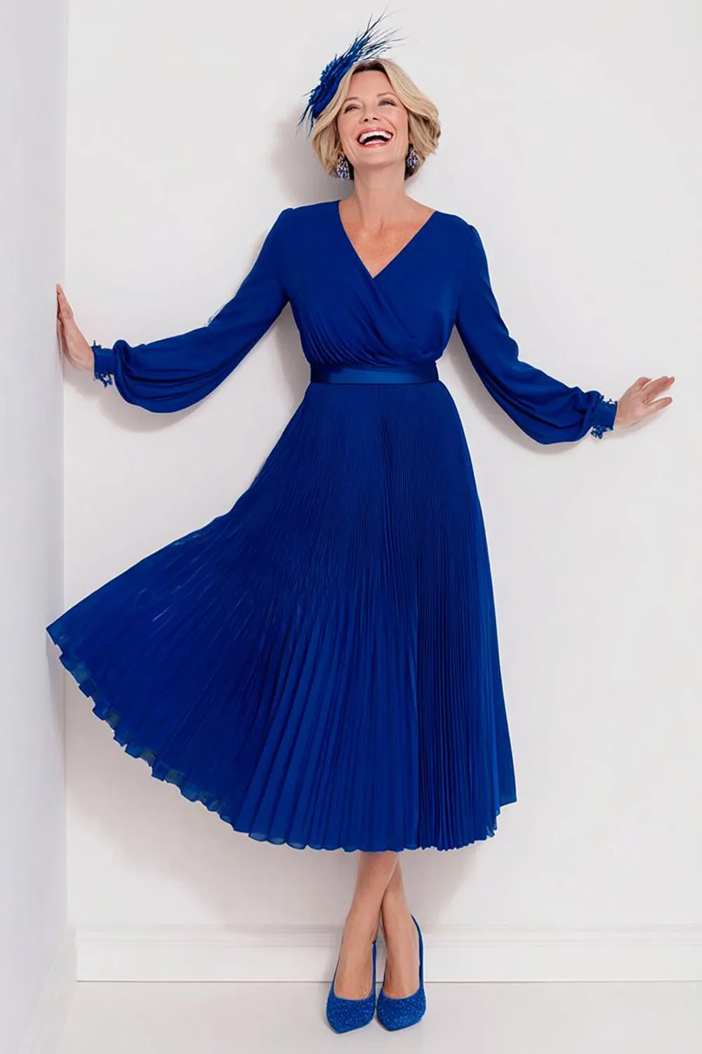Dark Blue Chiffon A Line Pleated V-Neck Long Sleeves Mother of the Bride Dress sold by Zapaka