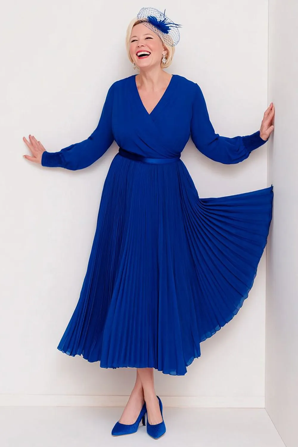 Dark Blue Chiffon A Line Pleated V-Neck Long Sleeves Mother of the Bride Dress sold by Zapaka product image thumbnail 2