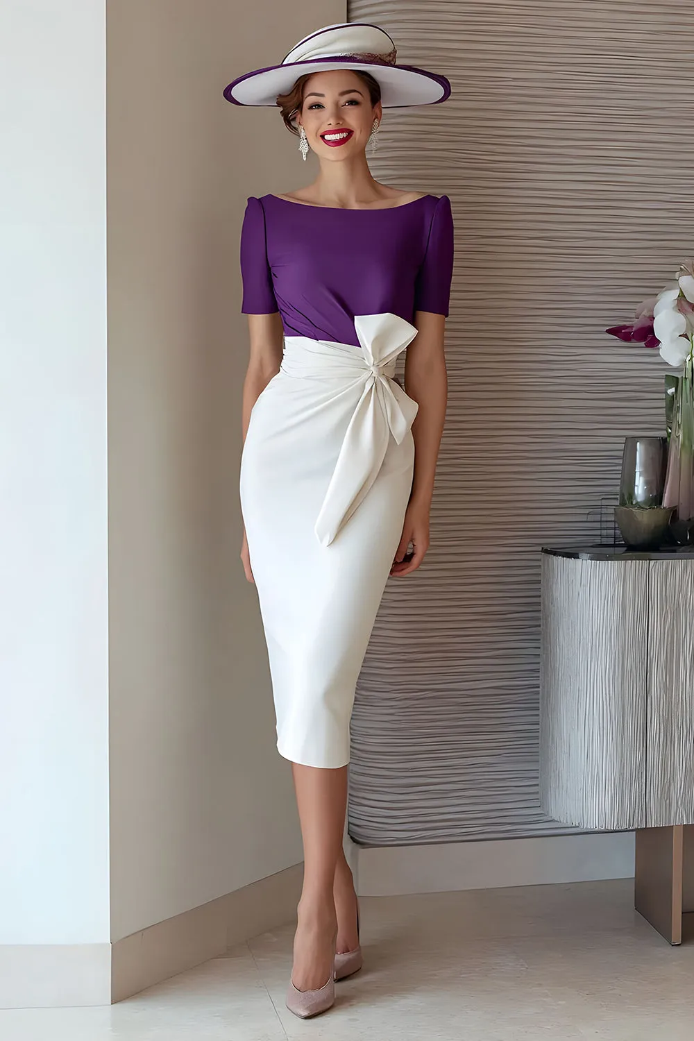 Grape Pencil Chiffon Boat Neck Midi Mother of the Bride Dress with Bow sold by Zapaka product image thumbnail 2