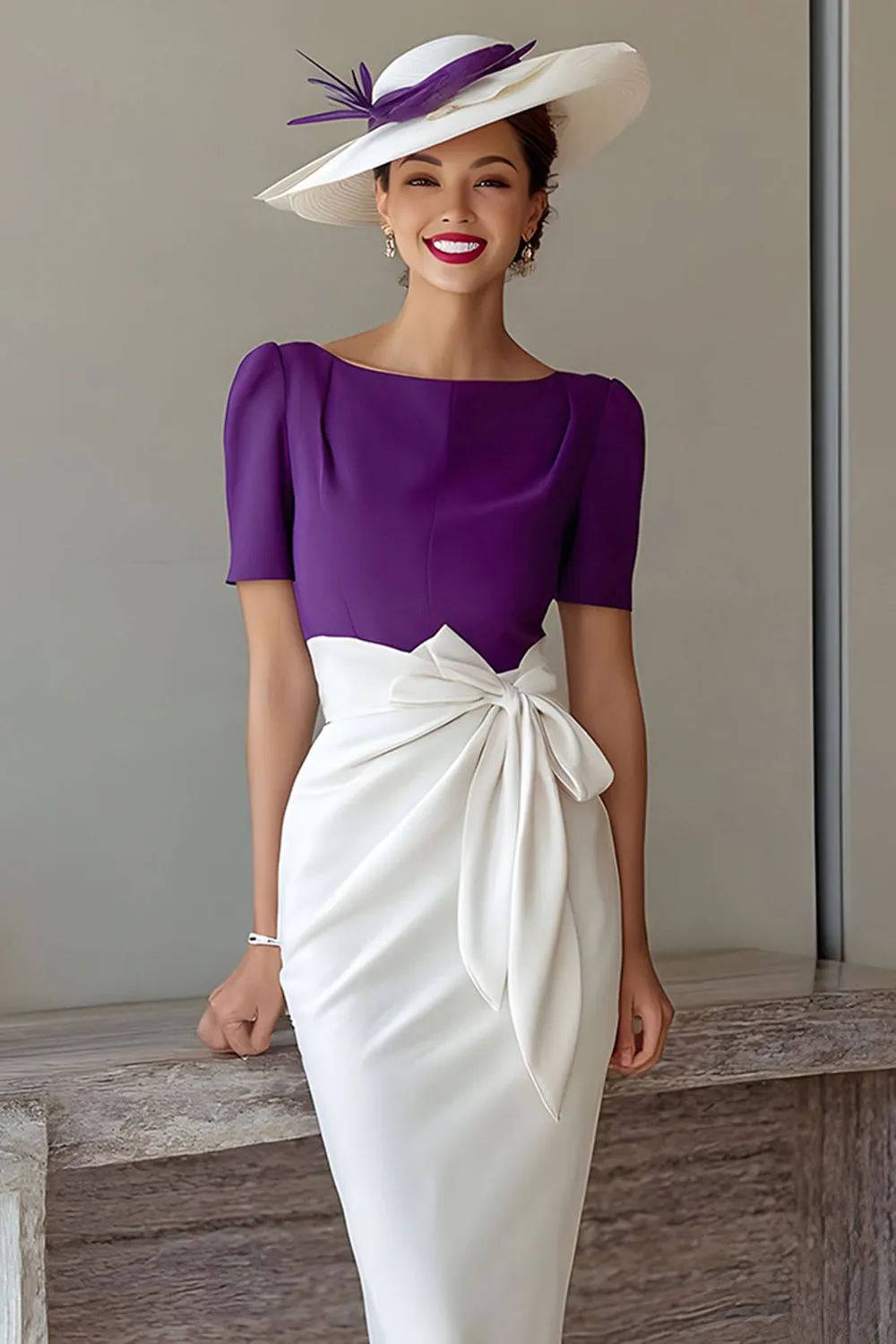 Grape Pencil Chiffon Boat Neck Midi Mother of the Bride Dress with Bow sold by Zapaka product image thumbnail 3