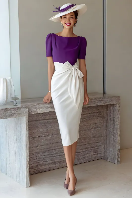 Grape Pencil Chiffon Boat Neck Midi Mother of the Bride Dress with Bow sold by Zapaka