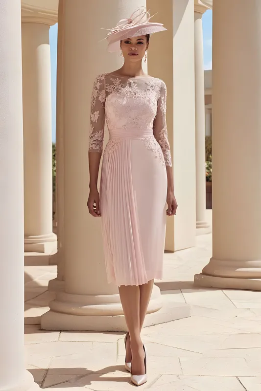 Blush Pink Chiffon Illusion Boat Neck Pleated Midi Mother of the Bride Dress with Lace sold by Zapaka