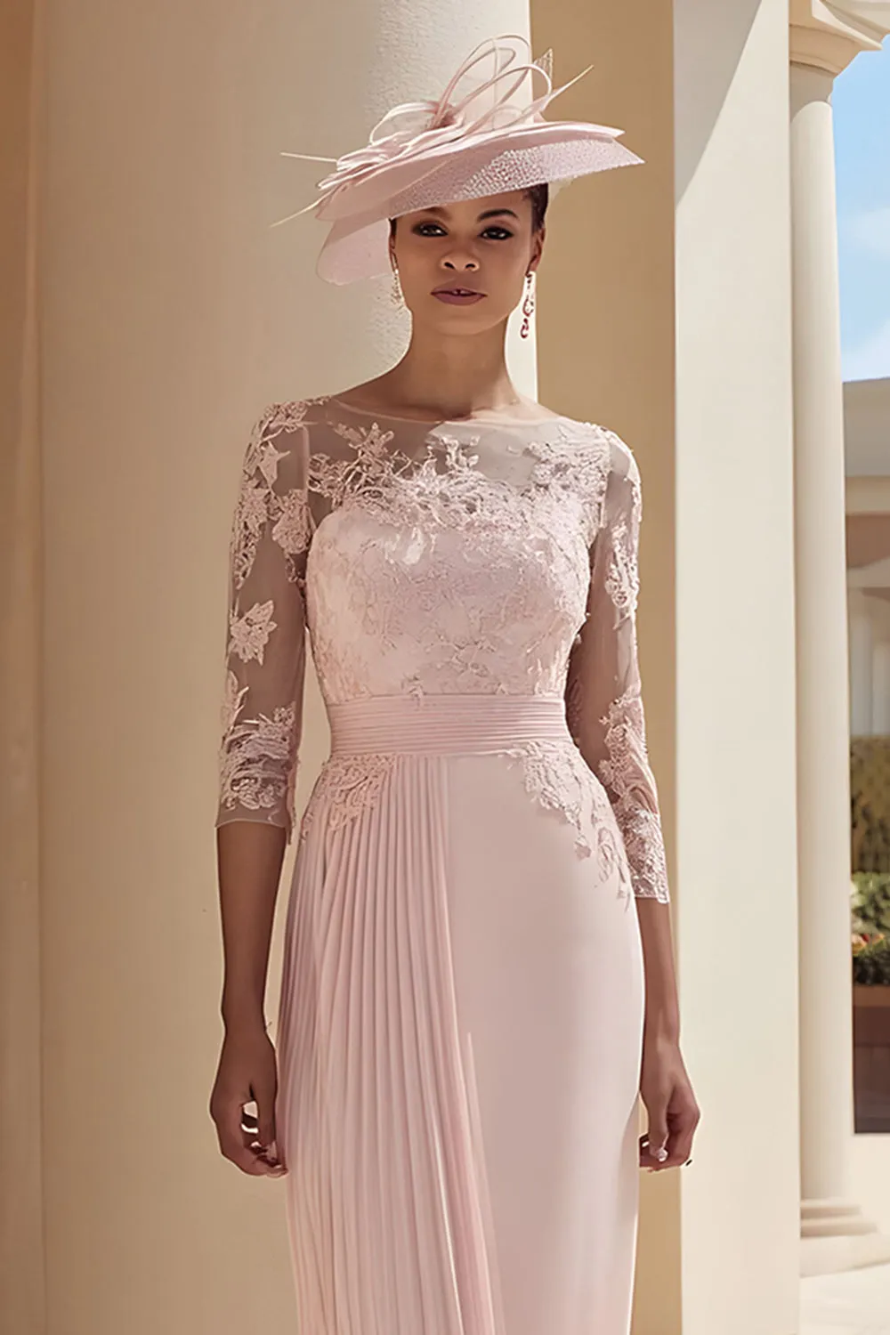 Blush Pink Chiffon Illusion Boat Neck Pleated Midi Mother of the Bride Dress with Lace sold by Zapaka product image thumbnail 2