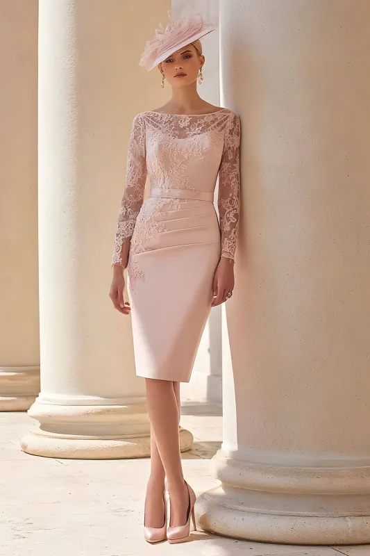 Blush Pink Illusion Boat Neck Satin Midi Mother of the Bride Dress with Lace sold by Zapaka