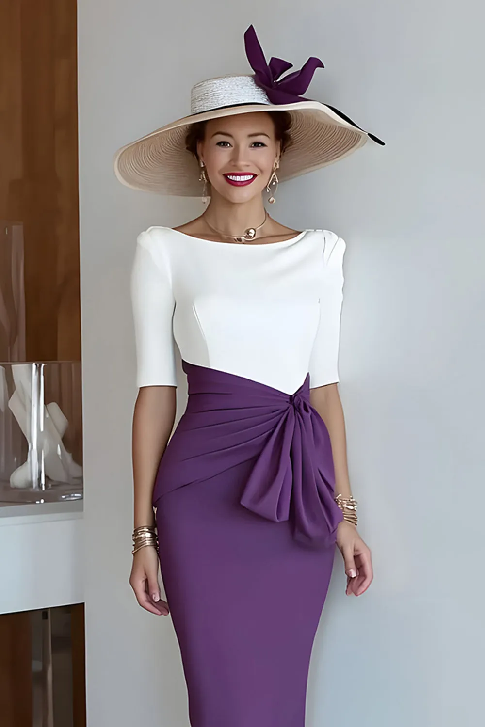 Grape Bodycon Satin Scoop Neck Midi Mother of the Bride Dress sold by Zapaka product image thumbnail 3