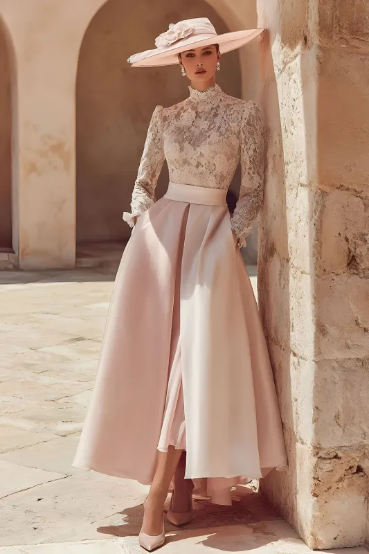 Candy Pink High Neck A Line Long Mother of the Bride Dress with Lace sold by Zapaka