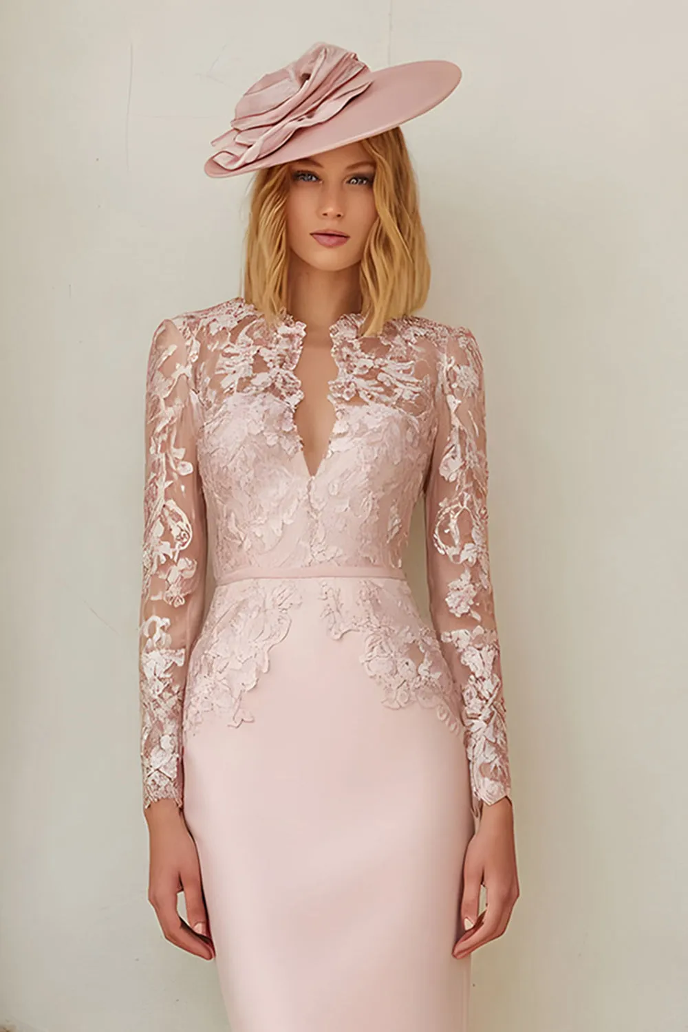 Lace Blush Pink Sheath Stretch Satin Mother of the Bride Dress sold by Zapaka product image thumbnail 2