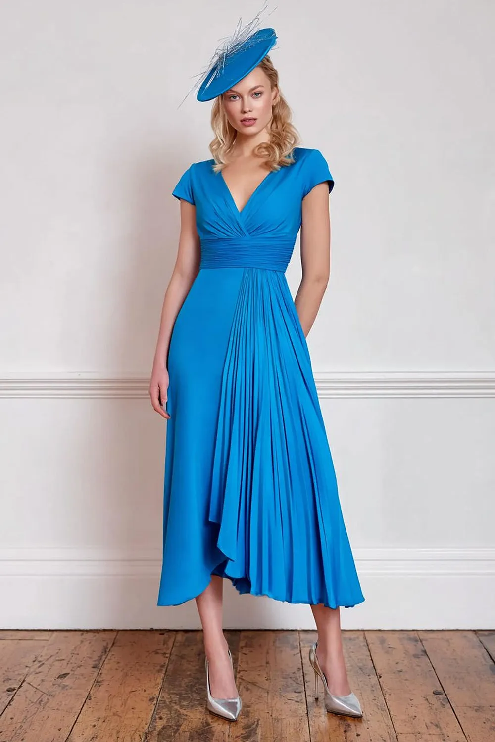 Chiffon Blue A Line V Neck Pleated Mother of the Bride Dress sold by Zapaka