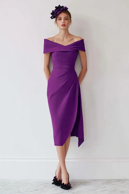 Grape Off the Shoulder Sheath Mother of the Bride Dress with Slit sold by Zapaka