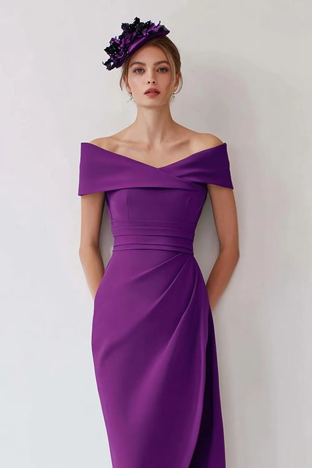 Grape Off the Shoulder Sheath Mother of the Bride Dress with Slit sold by Zapaka product image thumbnail 2